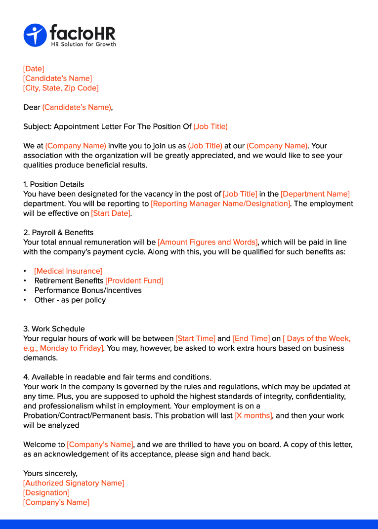 standard appointment letter format for employees