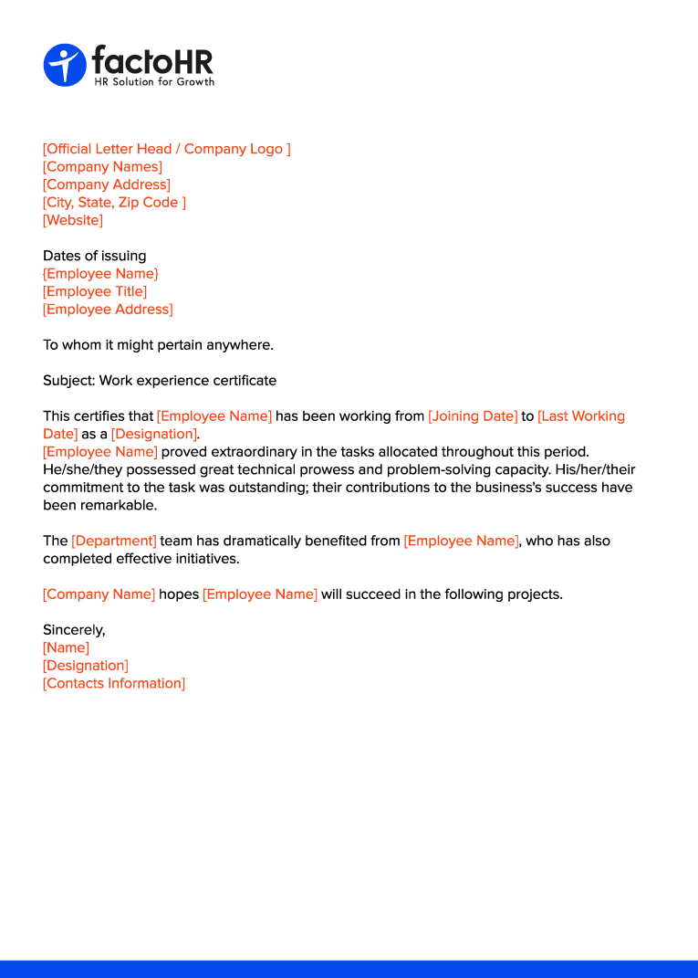 Free Experience Certificate Format